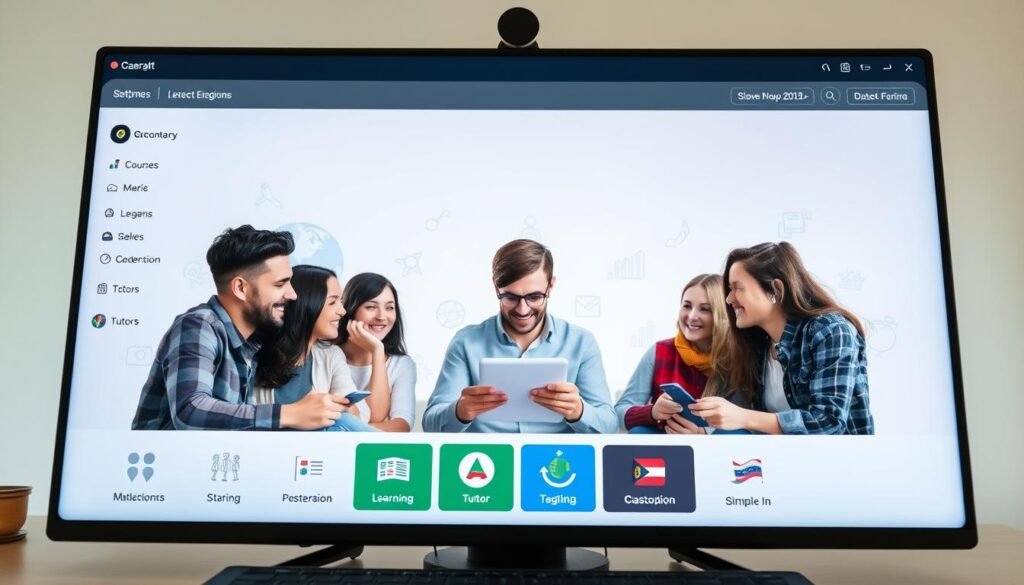 A language learning platform set against a clean, modern background. In the foreground, a user interface with intuitive icons and menus for selecting courses, scheduling lessons, and connecting with tutors. In the middle ground, a group of diverse learners engaged in video calls, sharing educational materials, and collaborating on language exercises. The background features subtle graphics or illustrations that reinforce the global, multilingual nature of the platform. The lighting is soft and diffused, creating a warm, inviting atmosphere that encourages focus and productivity. The camera angle is slightly elevated, providing an overview of the platform's key features and functionality.