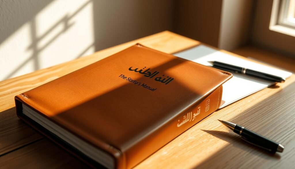 A leather-bound book with the Arabic title "كتاب The Startup Owner's Manual" rests on a wooden desk, illuminated by natural light filtering through a window. The book's cover is embossed with a minimalist design, conveying a sense of sophistication and practicality. The desk is neatly organized, with a pen and notebook nearby, suggesting a productive workspace. The background features a warm, muted color palette, creating a soothing and contemplative atmosphere, ideal for the study of entrepreneurship.