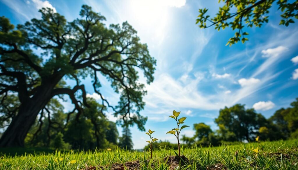 A lush, verdant landscape with a towering oak tree in the foreground, its branches reaching skyward. The background is a vibrant blue sky dotted with wispy white clouds, casting a warm, natural glow over the scene. In the middle ground, a young sapling emerges from the fertile soil, its delicate leaves unfurling, symbolizing growth, resilience, and the potential for transformation. The overall mood is one of optimism, progress, and the boundless possibilities inherent in a growth mindset.