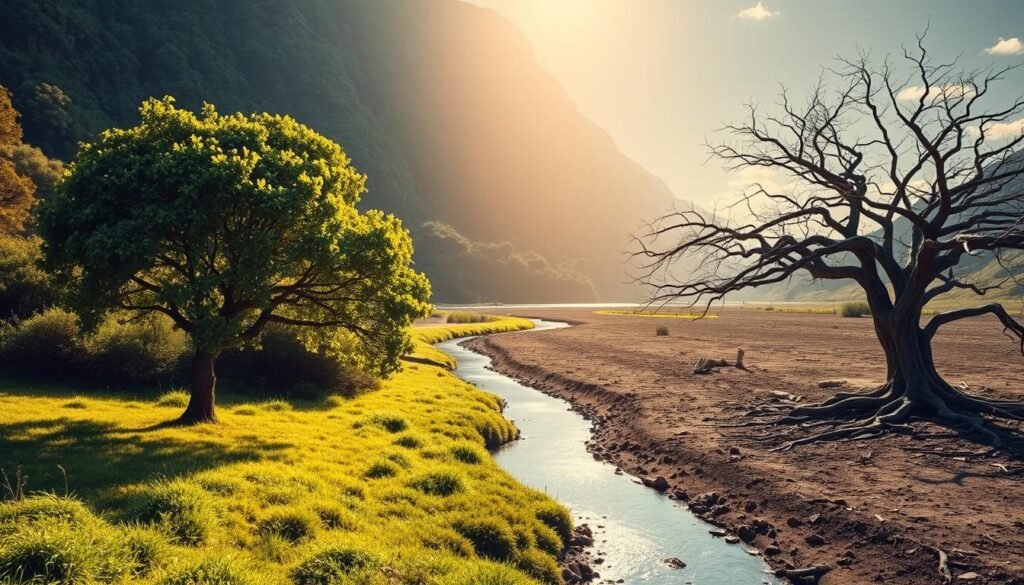 A lush, verdant landscape with a vibrant, flourishing tree on the left, symbolizing a growth mindset. On the right, a barren, desolate terrain with a withered, gnarled tree, representing a scarcity mindset. The two contrasting environments are separated by a meandering stream, reflecting the distinct perspectives. Warm, golden sunlight filters through the foliage, casting a hopeful glow on the growth-oriented side, while the scarcity-focused area is shrouded in cool, muted tones. The scene is captured through a wide-angle lens, emphasizing the dichotomy and the profound differences between the two mindsets.