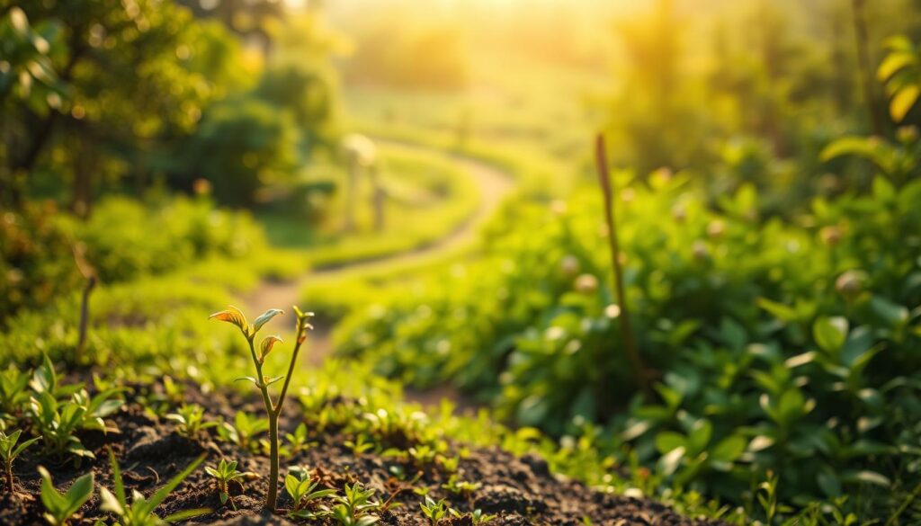 A lush, verdant landscape with a winding path leading into the distance. In the foreground, a young sapling sprouts, its delicate leaves unfurling towards the sunlight. The middle ground is filled with a vibrant, diverse array of flora, each plant in a different stage of growth - from budding seedlings to towering, mature trees. The background is bathed in a warm, golden glow, highlighting the interplay of light and shadow. The scene conveys a sense of promise, potential, and the boundless possibilities of a growth mindset. The camera angle is slightly elevated, creating a sense of depth and emphasizing the journey of the path. Soft, diffused lighting casts a serene, hopeful atmosphere over the entire composition.