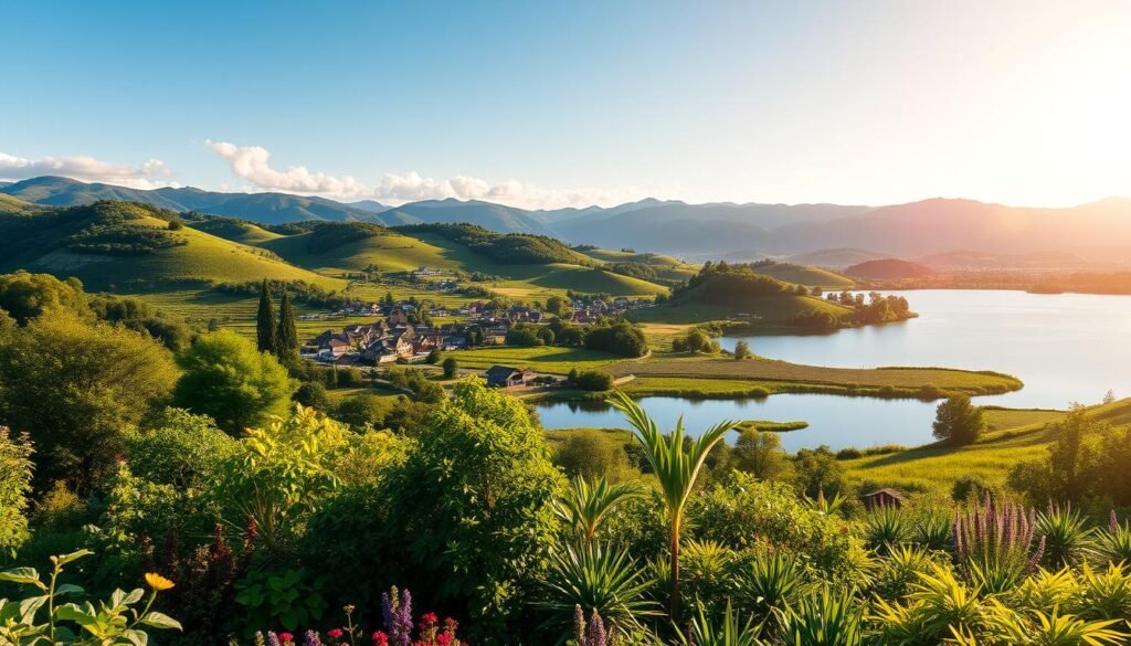 A lush, verdant landscape with rolling hills and a tranquil lake reflecting the azure sky. In the foreground, a diverse array of thriving flora - towering trees, vibrant wildflowers, and nourishing crops. Midground showcases a sustainable village, its homes and structures seamlessly integrated with the natural environment. In the distance, gently sloping mountains, their peaks touched by wispy clouds. Warm, diffused sunlight bathes the scene, casting a golden glow and evoking a sense of harmony between humanity and nature. The overall atmosphere is one of environmental balance, progress, and a deep reverence for the Earth.