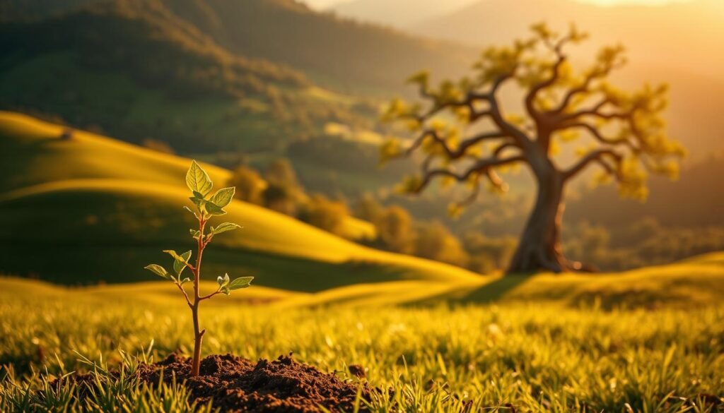 A lush, verdant landscape with rolling hills and towering trees bathed in warm, golden sunlight. In the foreground, a young sapling emerges from the earth, its tender leaves unfurling with vibrant energy. In the midground, a twisted, gnarled tree stands tall, its branches reaching skyward, symbolizing the growth and resilience of the growth mindset. Farther back, the horizon is dotted with a thriving forest, a testament to the boundless potential of constant learning and adaptation. The scene conveys a sense of hope, possibility, and the unwavering belief in one's ability to overcome challenges and blossom into greatness.