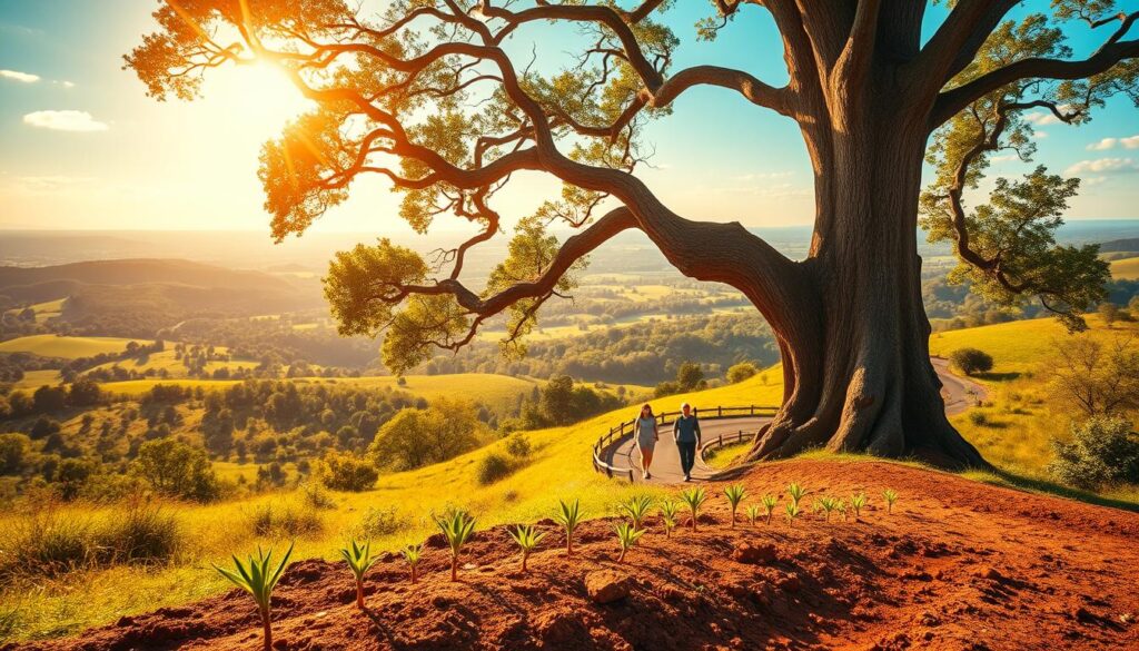 A lush, vibrant landscape representing a growth mindset and high-performance. In the foreground, a towering oak tree stands tall, its branches reaching upwards with a sense of purpose and determination. Beneath it, a group of thriving seedlings sprout from the rich, fertile soil, symbolizing the potential for growth and development. The middle ground features a winding path, leading the viewer's eye towards the horizon. Along the path, people are walking with purpose, their faces alight with a sense of focus and drive. The background is a panoramic vista of rolling hills and vibrant greenery, bathed in warm, golden sunlight that casts a sense of optimism and possibility. The overall mood is one of growth, progress, and the power of a high-performance mindset to overcome challenges and achieve greatness.