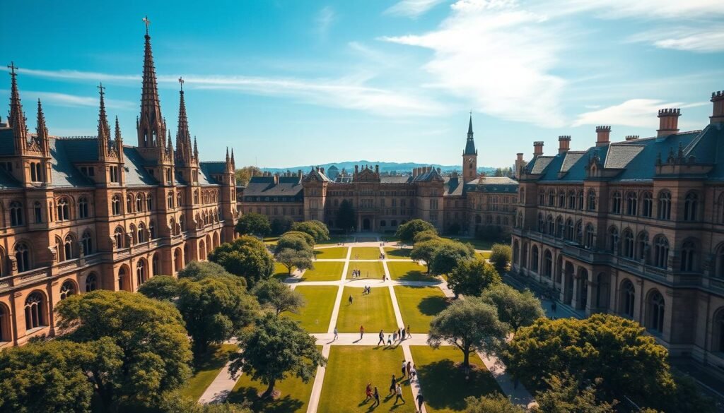 A majestic aerial view of an expansive university campus, with grand neo-gothic architecture, verdant lawns, and towering spires reaching towards a cloudless azure sky. The foreground features a central quad lined with ancient oak trees, students strolling leisurely between ornate stone buildings. The middle ground showcases modern research facilities and state-of-the-art lecture halls, while the background is dotted with historic libraries and administrative centers, all exuding an atmosphere of academic excellence and timeless tradition. The lighting is warm and golden, casting a soft, scholarly glow over the entire scene, conveying a sense of prestige, innovation, and intellectual pursuit. A majestic aerial view of an expansive university campus, with grand neo-gothic architecture, verdant lawns, and towering spires reaching towards a cloudless azure sky. The foreground features a central quad lined with ancient oak trees, students strolling leisurely between ornate stone buildings. The middle ground showcases modern research facilities and state-of-the-art lecture halls, while the background is dotted with historic libraries and administrative centers, all exuding an atmosphere of academic excellence and timeless tradition. The lighting is warm and golden, casting a soft, scholarly glow over the entire scene, conveying a sense of prestige, innovation, and intellectual pursuit.