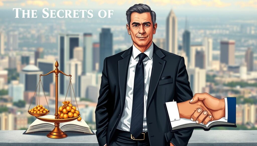 A meticulously detailed illustration of "The Secrets of the Millionaire's Mind", showcasing the profound differences between the mindsets of the wealthy and the poor. In the foreground, a well-dressed, confident businessman stands before an expansive, gleaming city skyline, exuding an air of power and success. His gaze is resolute, conveying a deep understanding of the principles that have led to his prosperity. In the middle ground, a series of visual metaphors unfolds - a scale balancing bags of gold, an open book revealing the pages of a financial ledger, and a pair of hands clasped in a handshake symbolizing the importance of strategic partnerships. The background is a softly blurred landscape, allowing the central focus to remain on the core message - the secrets that unlock the mindset of the modern millionaire.