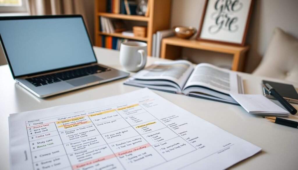 A meticulously organized study plan for the GRE exam, displayed on a minimalist desktop with a sleek laptop, coffee mug, and elegant stationery. The foreground showcases a neatly handwritten schedule, color-coded with highlighters, detailing the study topics, practice tests, and revision sessions. The middle ground features a large, open textbook alongside carefully arranged notes and reference materials. The background suggests a warm, well-lit home office setting, with a softly blurred bookshelf and a framed piece of calligraphy art, creating a serene and focused atmosphere. The overall composition conveys a sense of diligence, discipline, and a well-structured approach to GRE preparation.