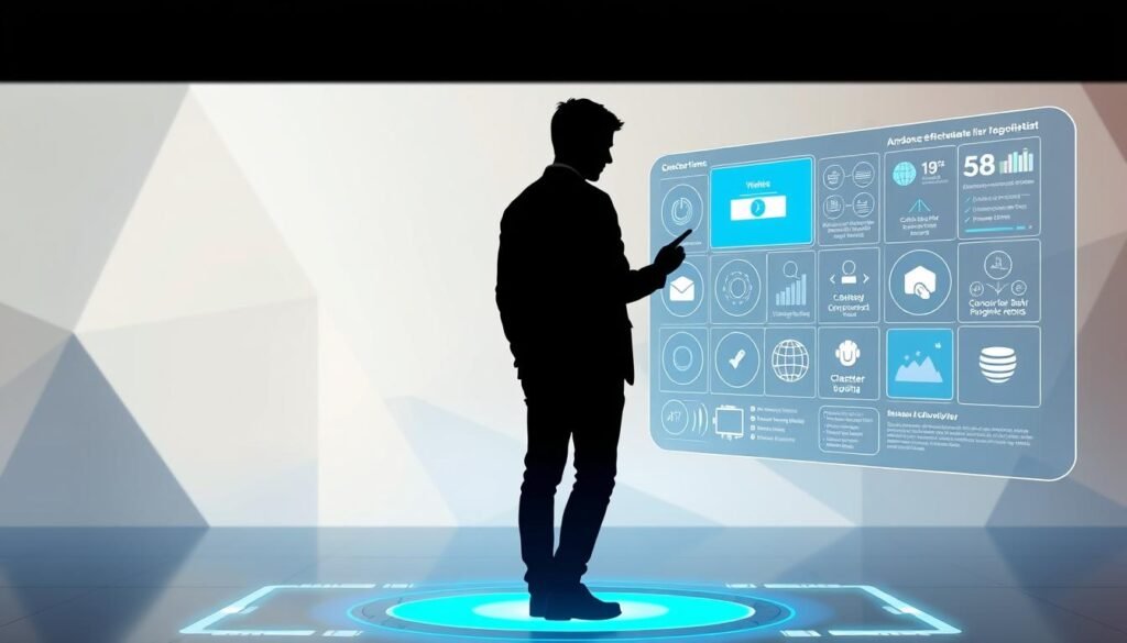 A minimalist and futuristic illustration of "Smart Applications to Enhance Motivation". In the foreground, a sleek, holographic interface with glowing icons and data visualizations, hinting at personalized productivity tools. The middle ground features a person silhouette interacting with the interface, their body language suggesting engagement and focus. The background has a softly-lit, geometric backdrop with a sense of depth, creating an immersive, technology-driven environment. The overall mood is one of streamlined efficiency, progressive self-improvement, and a calm, motivational atmosphere.