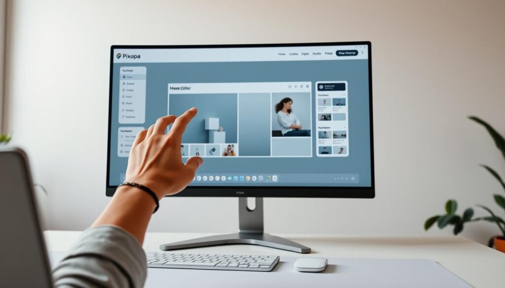 A minimalist office interior with a large computer monitor displaying the Pixpa drag-and-drop website editor. The monitor is positioned on a sleek, modern desk with a tilted, ergonomic design. The foreground features a hand skillfully manipulating the intuitive Pixpa interface, effortlessly rearranging and customizing website elements. The middle ground showcases a partially visible laptop, alluding to the seamless integration between desktop and mobile editing. The background maintains a clean, airy atmosphere with muted tones, subtle lighting, and a hint of greenery, creating a productive and inspiring workspace.