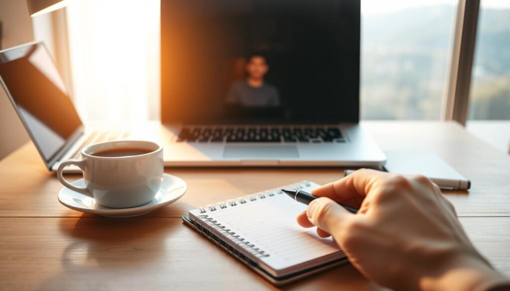 A minimalist office setting with a wooden desk, a laptop, and a cup of coffee. Soft, warm lighting illuminates the scene, creating a focused and productive atmosphere. In the foreground, a hand holds a pen, poised over a planner or notebook, symbolizing the importance of effective time management. The background features a large window overlooking a serene, natural landscape, suggesting a balance between work and relaxation. The overall composition conveys a sense of organization, efficiency, and a clear focus on achieving goals.