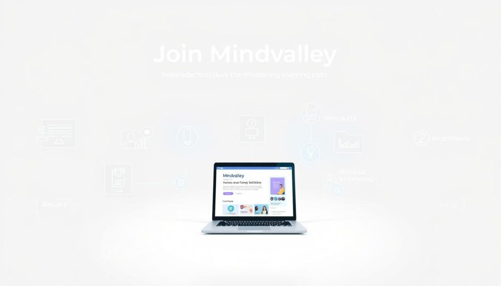 A minimalist, technologically-advanced illustration depicting the step-by-step process of joining the Mindvalley learning platform. Set against a clean, white backdrop, the foreground showcases a series of floating, glowing holographic icons and interfaces representing the key stages of registration, account creation, and course enrollment. The middle ground features a sleek, futuristic laptop or tablet device displaying the Mindvalley website, while the background subtly hints at the personal growth and self-discovery themes associated with the platform's content. The overall mood is one of simplicity, efficiency, and the empowering potential of digital education.