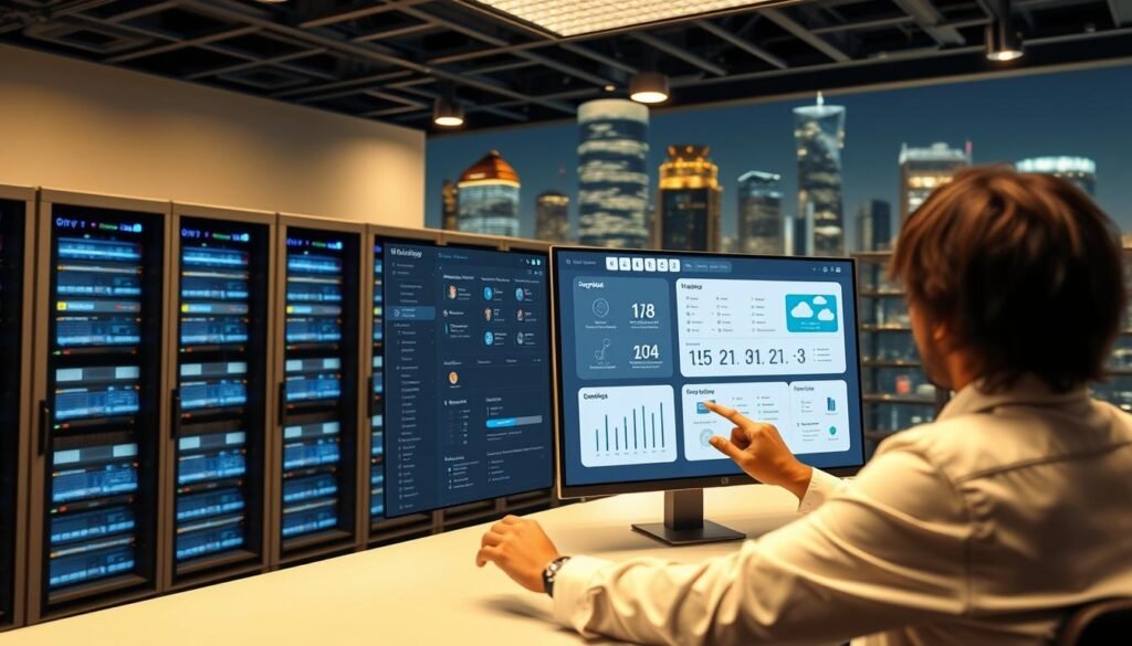 A modern, high-end web hosting control panel with a sleek, intuitive user interface. In the foreground, a person interacts with the panel, navigating through various hosting management tools. The middle ground features server racks and networking equipment, conveying the robust infrastructure powering the service. The background showcases a cityscape with gleaming skyscrapers, hinting at the global reach and enterprise-grade capabilities of the hosting platform. The lighting is soft and warm, creating a professional, reassuring atmosphere. The camera angle is slightly elevated, giving the viewer a sense of authority and confidence in the hosting solution.