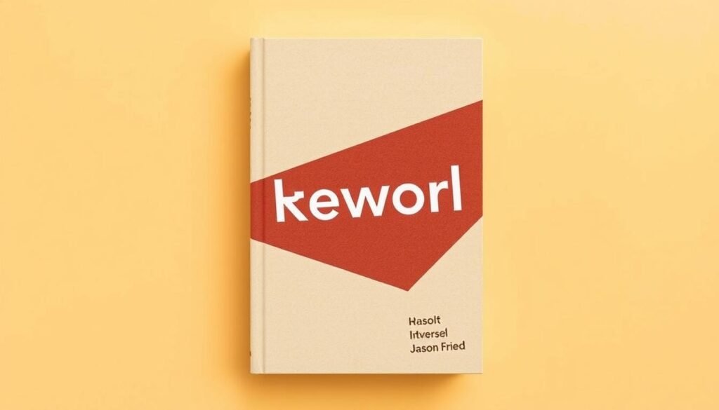 A modern, minimalist book cover design showcasing the title "Rework" by Jason Fried and David Heinemeier Hansson. The cover features a clean, geometric layout with a rich, earthy color palette. The composition highlights the authors' names and book title in a bold, sans-serif typeface, complemented by a subtle pattern or textural element in the background. The overall aesthetic conveys a sense of simplicity, practicality, and innovation - reflecting the content and themes of the book on entrepreneurship and business reimagination.