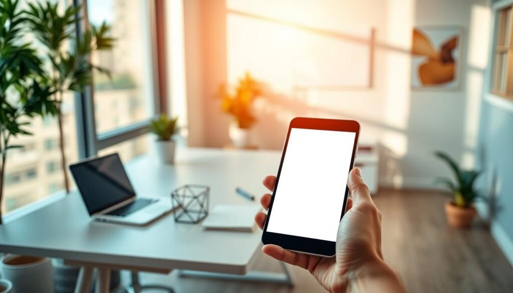 A modern, minimalist office scene with a sleek, ergonomic desk, a laptop, and a potted plant. The workspace is bathed in warm, diffused natural light streaming through large windows, creating a serene and productive atmosphere. In the foreground, a hand-held tablet or smartphone displays a clean, intuitive interface, symbolizing efficiency and organization. The middle ground features a geometric desk organizer and a few carefully arranged office supplies, conveying a sense of streamlined productivity. The background showcases a subtle, abstract wall art piece that complements the overall aesthetic. The scene radiates a harmonious balance of form, function, and tranquility.