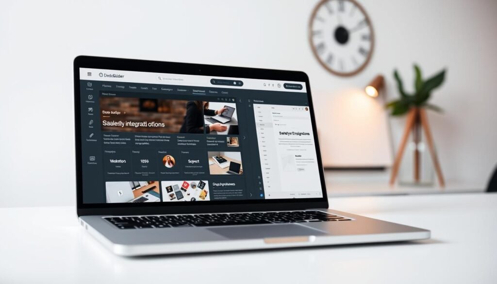 A modern, minimalist website builder interface showcased on a sleek silver laptop, positioned against a crisp white backdrop. The Duda logo prominently displayed, radiating a sense of professionalism and reliability. In the foreground, an array of seamlessly integrated website design tools, typography options, and drag-and-drop elements, all bathed in a warm, diffused lighting that accentuates the clean, intuitive user experience. The middle ground features a partially visible desktop, with a minimalist desk setup and sophisticated decor, hinting at the target audience of agencies and professional web designers. The background subtly blurs out, maintaining the focus on the Duda platform and its capabilities.