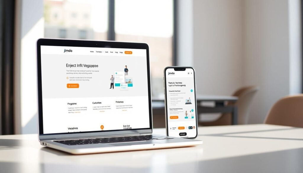 A modern, minimalist website design featuring a sleek, responsive layout with a clean, user-friendly interface. The foreground showcases a laptop screen displaying a well-organized homepage, highlighting key features and call-to-action buttons. The middle ground depicts a mobile device displaying a matching mobile version of the website, emphasizing its cross-platform compatibility. The background features a subtle, blurred office or workspace setting, conveying a professional, business-oriented atmosphere. The overall scene is illuminated by natural, soft lighting, creating a welcoming and visually appealing impression that aligns with the "Why Choose Jimdo" section of the article.