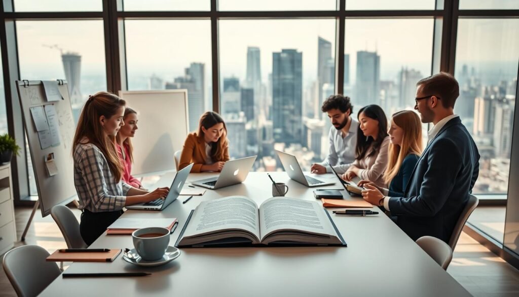 A modern office interior with a large window overlooking a city skyline. In the foreground, a group of young professionals are engaged in a collaborative learning session, surrounded by whiteboards, laptops, and neatly organized stationery. The lighting is warm and natural, casting a soft glow on the scene. In the middle ground, a sleek, minimalist desk holds an open textbook and a cup of coffee, symbolizing focused study. The background features a vibrant cityscape, hinting at the real-world applications of the knowledge being acquired. The overall atmosphere is one of productivity, innovation, and a proven pathway to success. A modern office interior with a large window overlooking a city skyline. In the foreground, a group of young professionals are engaged in a collaborative learning session, surrounded by whiteboards, laptops, and neatly organized stationery. The lighting is warm and natural, casting a soft glow on the scene. In the middle ground, a sleek, minimalist desk holds an open textbook and a cup of coffee, symbolizing focused study. The background features a vibrant cityscape, hinting at the real-world applications of the knowledge being acquired. The overall atmosphere is one of productivity, innovation, and a proven pathway to success.