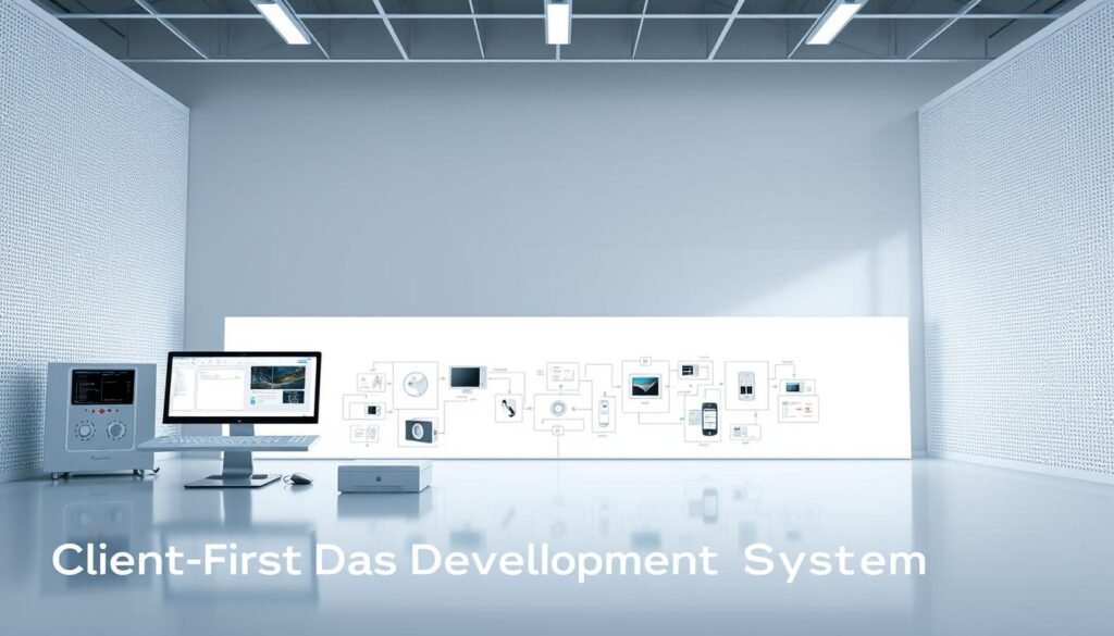A modern, sleek development system framework, showcased in a well-lit, minimalist setting. The foreground features a clean, modular user interface with intuitive controls and customizable components. The middle ground displays a range of interconnected modules, each representing a specialized function or tool within the framework. In the background, a subtle grid pattern suggests the underlying structure and flexibility of the system. The overall composition conveys a sense of efficiency, versatility, and a user-centric design approach, reflecting the "Client-First Development System" concept.