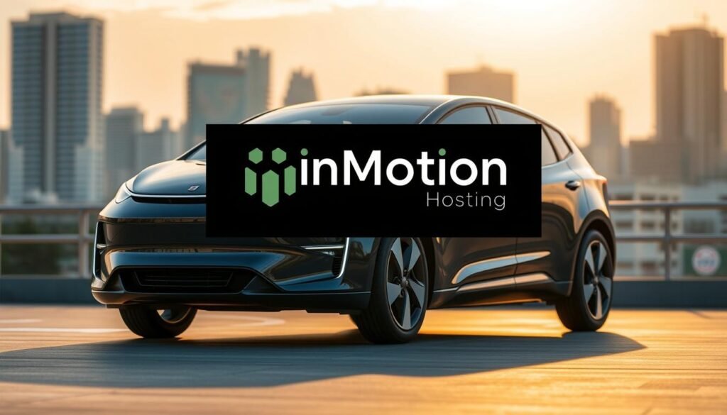 A modern, sleek electric vehicle is prominently displayed in the foreground, its glossy exterior gleaming under warm, natural lighting. In the middle ground, the InMotion Hosting logo stands out, conveying a sense of reliability and scalability. The background features a blurred city skyline, suggesting the integration of web hosting services and electric transportation. The overall composition evokes a forward-thinking, sustainable vision that aligns with the article's subject and section title.