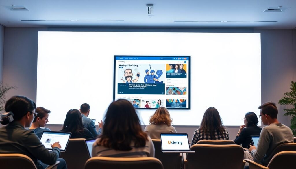 A modern, well-designed online learning platform with a clean, intuitive interface. In the foreground, a group of diverse students interacting with the platform on their laptops and tablets, demonstrating the collaborative and interactive nature of the learning experience. In the middle ground, a large, high-resolution screen displaying course content, with crisp, detailed visuals and engaging animations. The background features a minimalist, white-and-blue color scheme, creating a sense of clarity and focus. The lighting is soft and diffused, creating a warm, inviting atmosphere conducive to learning. The overall composition conveys a sense of seamless integration between technology and education, showcasing the user-friendly and visually appealing nature of Udemy's online learning platform.
