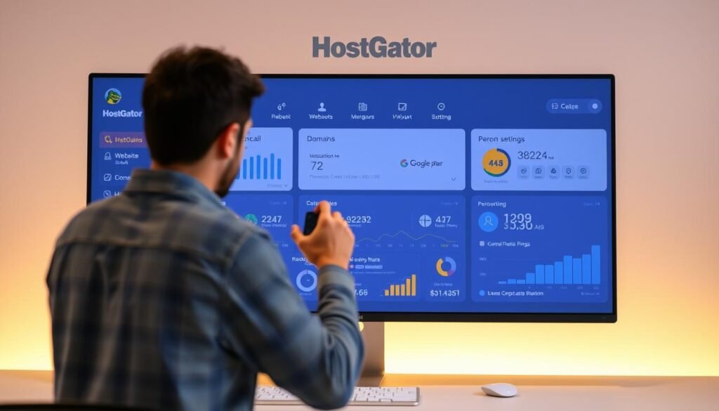 A modern, well-designed web hosting dashboard with intuitive user interface. In the foreground, a user navigating through the HostGator control panel, effortlessly managing their website, email, and domain settings. The middle ground showcases various performance metrics and tools, providing a comprehensive overview of the hosting experience. The background depicts a clean, minimalist design with subtle HostGator branding, conveying a sense of professionalism and reliability. Soft, warm lighting illuminates the scene, creating a welcoming and user-friendly atmosphere. The overall image should reflect the ease, efficiency, and satisfaction of the HostGator user experience.