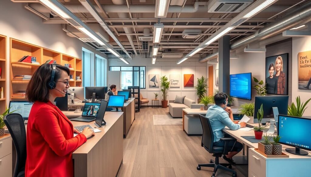 A modern, well-equipped customer support center with a team of helpful representatives available via phone, chat, and email. The office space features a sleek, minimalist aesthetic with warm lighting, ergonomic workstations, and a visually appealing display of informative resources and guides. In the foreground, a concierge desk with a friendly agent ready to assist. The middle ground showcases a collaboration area with comfortable seating and a large interactive touchscreen. The background reveals a serene, open-concept layout with potted plants and inspirational wall art. An atmosphere of professionalism, efficiency, and a genuine commitment to customer satisfaction.
