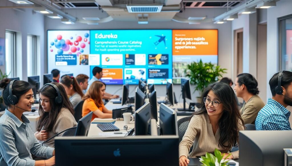 A modern, well-lit office interior with a cozy, supportive atmosphere. In the foreground, a team of Edureka tech support specialists diligently assisting a diverse group of learners, their faces warm and engaged. The middle ground features ergonomic workstations and state-of-the-art equipment, conveying Edureka's commitment to providing a seamless educational experience. In the background, a vibrant display showcases Edureka's comprehensive course catalog and job assistance resources, creating a sense of opportunity and growth. The overall scene radiates a sense of professionalism, expertise and a genuine desire to support the academic and career aspirations of Edureka's students.