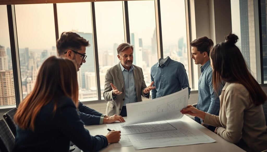 A modern, well-lit office setting with a group of professionals engaged in practical training. In the foreground, a team of coworkers collaborate around a desk, studying diagrams and blueprints, their faces focused and intent. In the middle ground, a senior manager gestures animatedly, guiding the discussion. The background features floor-to-ceiling windows overlooking a bustling city skyline, bathing the scene in warm, natural light. The atmosphere conveys a sense of productivity, teamwork, and a hands-on approach to professional development within a dynamic work environment.