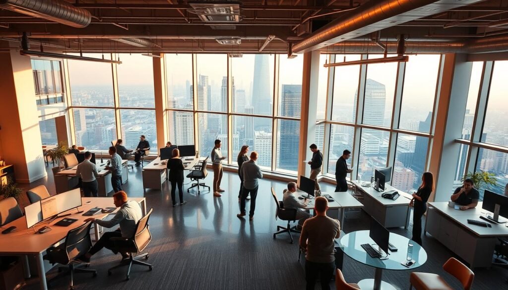 A modern, well-lit open-plan office space with collaborative workstations, sleek furniture, and large windows overlooking a bustling city skyline. The atmosphere is one of focused productivity and creative energy, with employees engaged in discussion and teamwork. Warm lighting filters through the space, casting a soft glow and creating a sense of professionalism and innovation. The room features a mix of individual desks, standing workstations, and informal seating areas, encouraging a flexible, adaptive work environment. The overall impression is one of a dynamic, forward-thinking workplace that fosters leadership, communication, and professional development.