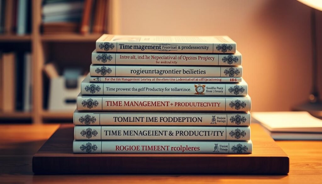 A neatly arranged stack of hardcover books with intricate cover designs, depicting time management, productivity, and self-improvement themes. The books are positioned on a minimalist, wooden desk with a warm, ambient lighting illuminating the scene. The background is blurred, creating a soft, cozy atmosphere, emphasizing the focus on the subject. The books have a classic, timeless appearance, suggesting their enduring value and relevance. The overall composition conveys a sense of order, focus, and the promise of personal growth through the effective management of time.