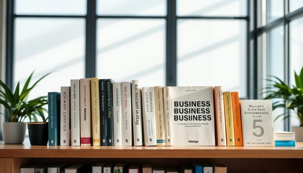 A neatly organized bookshelf with a collection of modern business and entrepreneurship books, positioned against a bright, airy backdrop with natural lighting filtering through large windows. The books have clean, minimalist covers in neutral tones, hinting at their contemporary and socially-conscious themes. The scene exudes a sense of productivity, inspiration, and a touch of sophistication, inviting the viewer to explore the latest insights and strategies for social entrepreneurship.