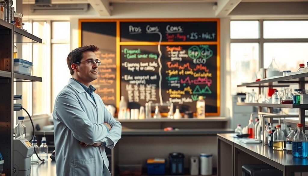A neatly organized laboratory workspace, with scientific instruments and apparatus arranged on sleek metal shelves. In the foreground, a scientist in a white lab coat is carefully observing the results of an ongoing experiment, their face filled with a mix of concentration and excitement. In the background, a large chalkboard displays a series of pros and cons, highlighted with colorful diagrams and equations, reflecting the complex decision-making process inherent in scientific discovery. Warm, natural lighting filters in through large windows, creating a sense of openness and possibility. The overall atmosphere is one of intellectual rigor, innovation, and the thrill of uncovering new knowledge. A neatly organized laboratory workspace, with scientific instruments and apparatus arranged on sleek metal shelves. In the foreground, a scientist in a white lab coat is carefully observing the results of an ongoing experiment, their face filled with a mix of concentration and excitement. In the background, a large chalkboard displays a series of pros and cons, highlighted with colorful diagrams and equations, reflecting the complex decision-making process inherent in scientific discovery. Warm, natural lighting filters in through large windows, creating a sense of openness and possibility. The overall atmosphere is one of intellectual rigor, innovation, and the thrill of uncovering new knowledge.