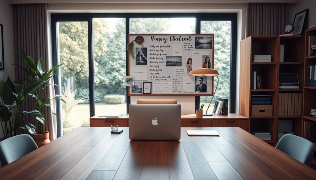 A neatly organized office space, with a large wooden desk in the foreground. On the desk, there is a laptop, a few carefully arranged stationery items, and a vision board displaying a array of inspirational images and handwritten goals. The background features a large window overlooking a serene garden, with soft, natural lighting filtering in. The overall mood is one of focus, productivity, and a sense of determination to achieve important objectives. The composition emphasizes the interplay between the structured workspace and the tranquil, natural setting beyond, creating a harmonious balance between discipline and mindfulness.