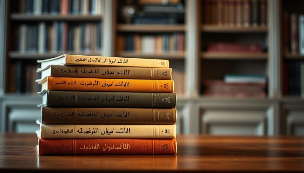 A neatly organized stack of hardcover books with Arabic script titles, resting on a wooden surface. Soft, warm lighting illuminates the spines, creating a cozy, inviting atmosphere. The books appear well-worn, suggesting decades of knowledge and wisdom. In the background, a blurred but elegant bookshelf stretches out, hinting at a library or study setting. The image conveys a sense of productivity, focus, and the joy of learning, perfectly suited to illustrate a section on the best productivity books.