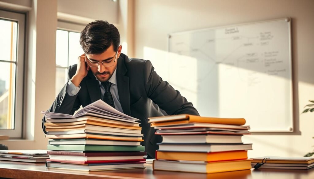 A neatly organized study space, illuminated by warm natural light filtering through large windows. On the desk, stacks of books and papers are carefully segmented into color-coded sections, representing the process of chunking information. A smartly dressed person leans over the desk, intently reviewing their notes, their face reflecting deep focus and determination. In the background, a minimalist whiteboard displays a mind map, visually connecting key concepts. The overall atmosphere conveys a sense of productivity, clarity, and the mastery of learning through methodical organization.