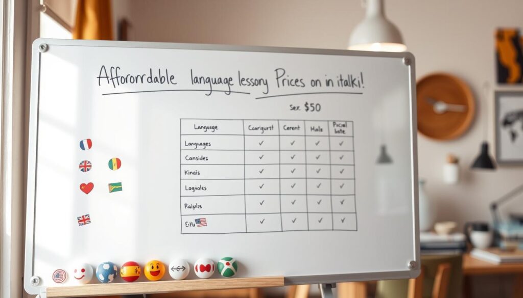 A neatly organized whiteboard displaying a clear breakdown of affordable language lesson prices on italki, with a warm, inviting ambiance. In the foreground, a lineup of various language icons, representing the diverse options available. The middle ground showcases a table of pricing tiers, presented in a clean, easy-to-read format. The background features a blurred, cozy workspace, suggesting the comfortable setting for remote language learning. Soft, natural lighting illuminates the scene, creating a welcoming and approachable atmosphere.