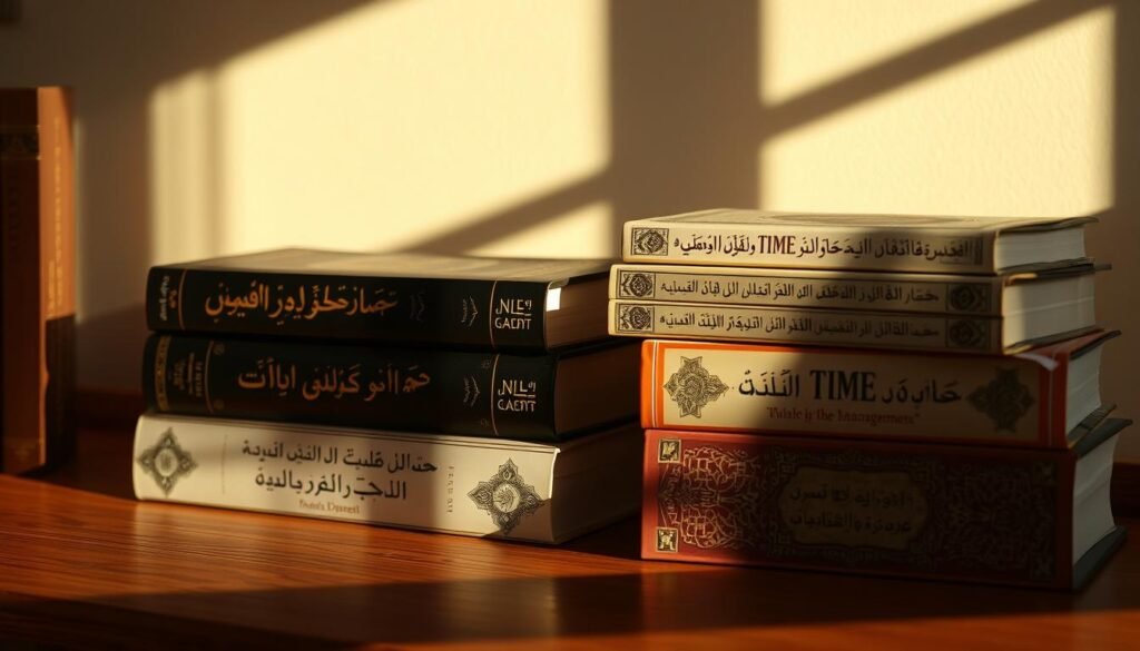 A neatly stacked arrangement of hardcover books on a wooden desk, casting gentle shadows under warm, diffused lighting. The books feature titles in Arabic calligraphy, their covers adorned with intricate patterns and symbols conveying the themes of time management and personal productivity. The scene exudes a sense of focus, organization, and the promise of insightful knowledge to help the viewer manage their time more effectively. The image is captured from a slightly elevated angle, highlighting the intentional placement of the books and creating a sense of depth and balance.