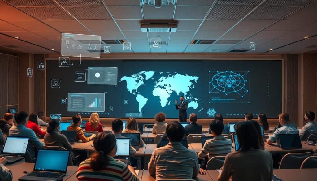 A panoramic view of a globally interconnected digital classroom, with students from diverse backgrounds engaged in online learning. The scene is bathed in a warm, ambient light, conveying a sense of collaboration and knowledge-sharing. In the foreground, holographic projections of interactive course materials hover, while in the middle ground, virtual avatars of instructors guide their remote learners. The background depicts a stylized world map, symbolizing the widespread reach and accessibility of this e-learning platform. The overall composition evokes a harmonious fusion of technology and education, highlighting the transformative potential of online learning. A panoramic view of a globally interconnected digital classroom, with students from diverse backgrounds engaged in online learning. The scene is bathed in a warm, ambient light, conveying a sense of collaboration and knowledge-sharing. In the foreground, holographic projections of interactive course materials hover, while in the middle ground, virtual avatars of instructors guide their remote learners. The background depicts a stylized world map, symbolizing the widespread reach and accessibility of this e-learning platform. The overall composition evokes a harmonious fusion of technology and education, highlighting the transformative potential of online learning.