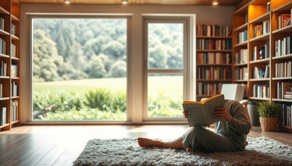 A peaceful, minimalist scene depicting the importance of reading about sustainability. In the foreground, a person sits comfortably on a plush rug, engrossed in an open book. Warm, natural lighting filters through large windows, casting a cozy glow. In the middle ground, bookshelves line the walls, filled with titles related to environmental awareness and green living. The background features a lush, verdant landscape visible through the windows, symbolizing the harmony between knowledge and nature. The overall atmosphere conveys a sense of tranquility, reflection, and a deep appreciation for the power of learning about sustainable practices.