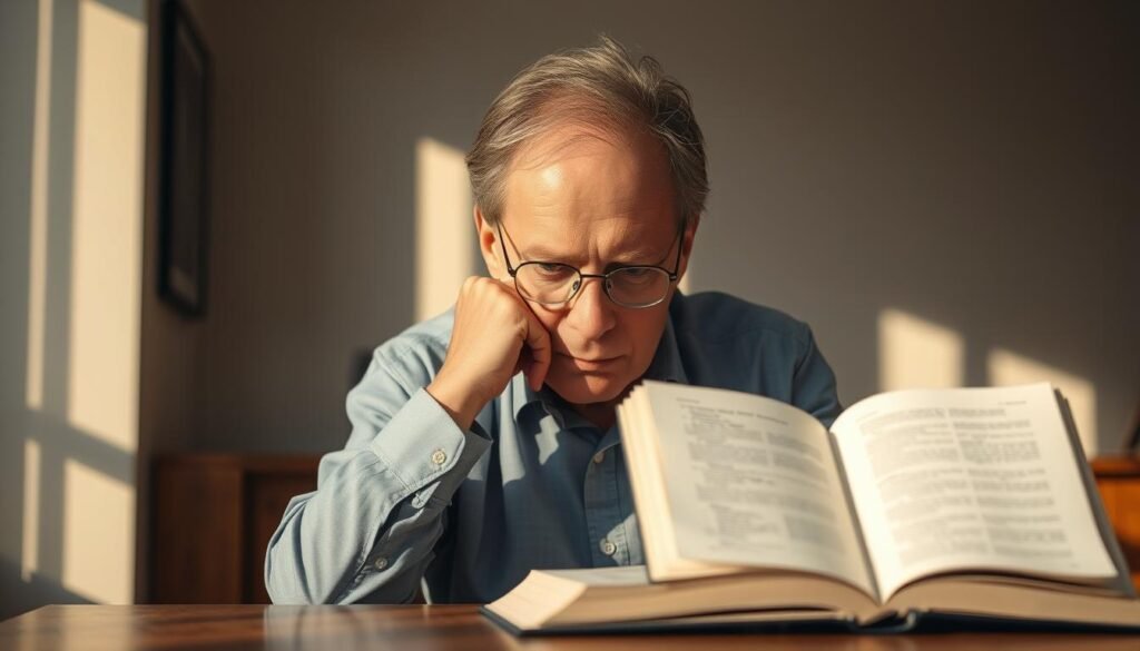 A pensive Daniel Kahneman, renowned psychologist, sits deep in thought, his brow furrowed, a copy of his seminal work "Thinking, Fast and Slow" open on the desk before him. The scene is bathed in a warm, golden light, casting subtle shadows that accentuate the lines of his face, reflecting the depth of his contemplation. The background is a serene, minimalist office setting, with clean lines and muted tones that allow the focus to remain on the subject. The overall atmosphere is one of intellectual introspection and the pursuit of understanding the complex nature of human cognition.
