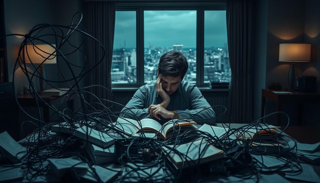 A pensive individual sitting at a desk, lost in thought, surrounded by a swirling vortex of distractions. In the foreground, a tangle of tangled wires, open books, and scattered papers symbolize the inner conflict of procrastination. The middle ground features a shadowy figure, representing the psychological barriers that hold the person back. In the background, a dimly lit room with a window overlooking a bustling cityscape, suggesting the missed opportunities and the passage of time. Soft, moody lighting casts dramatic shadows, heightening the sense of introspection and the weight of the decision to overcome procrastination.