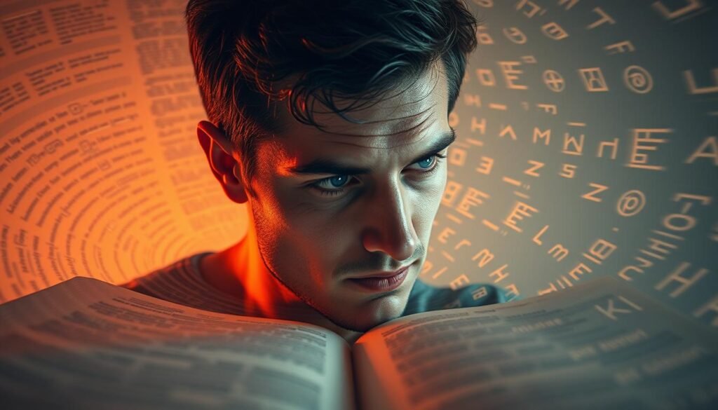 A person effortlessly navigating through a maze of words and symbols, their eyes darting across the page with unparalleled speed and precision. The foreground features a close-up of the reader's face, their expression one of intense focus and determination. The middle ground depicts the text swirling and undulating, challenging the reader's perception, while the background showcases a crisp, clean environment with minimal distractions, allowing the reader to fully immerse themselves in the task at hand. Warm, directional lighting casts a subtle glow, highlighting the reader's features and the dynamic text, creating a sense of depth and atmosphere. The overall mood conveys a balance of intellectual rigor and effortless mastery, showcasing the power of the human mind to overcome the obstacles of speed reading.