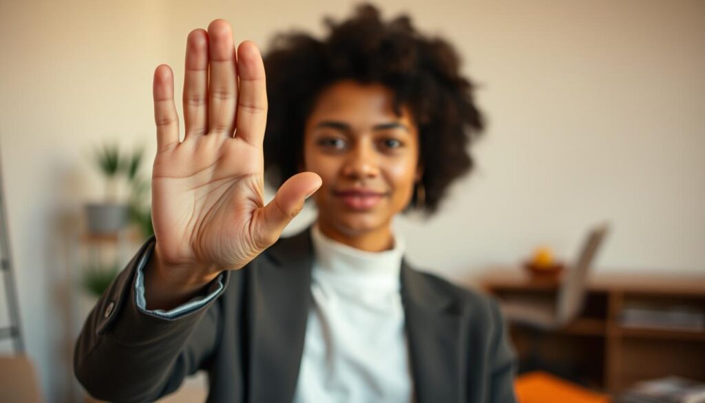A person firmly but politely declining a request, their hand raised in a gesture of refusal, conveying a sense of calm and assertiveness. The background is a minimalist, softly lit interior, suggesting a professional or personal setting. The lighting is warm and diffused, creating a contemplative atmosphere. The composition is balanced, with the central figure occupying the foreground and the background providing subtle context. The overall mood is one of confidence, clarity, and the ability to set healthy boundaries.