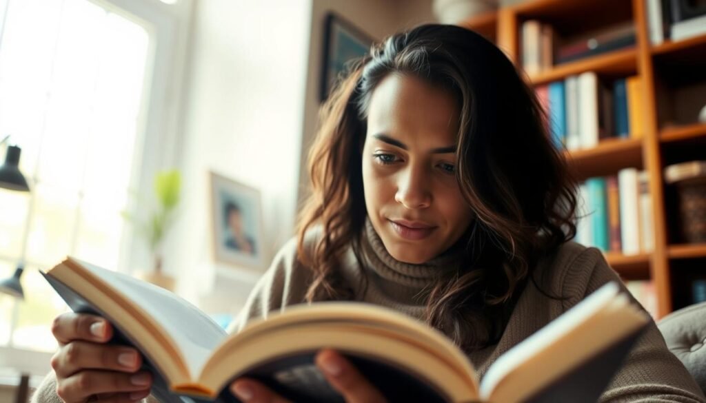 A person intensely reading a book, with their eyes rapidly scanning the pages. They are seated in a cozy, well-lit room, sunlight streaming through a large window. The background is blurred, but suggests a home office or study, with bookshelves and other decor. The reader's expression is one of deep focus and concentration, their hand occasionally turning a page with purpose. The lighting is soft and warm, creating a serene, contemplative atmosphere. The camera angle is slightly elevated, giving a sense of observing the scene from above. This image conveys the idea of applying speed reading techniques in a real-life setting, where the reader is fully immersed in the text.