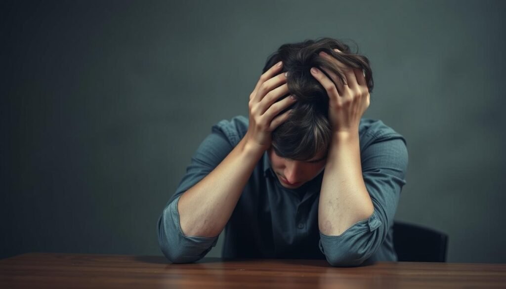 A person sitting at a table, their head in their hands, with a look of despair and resignation. The background is blurred, creating a sense of isolation and introspection. The lighting is soft and muted, casting a somber tone. The scene conveys the weight of victimhood, the sense of powerlessness and the need for understanding and support. The composition emphasizes the subject's vulnerability, inviting the viewer to empathize and consider how to approach and address this complex psychological state.