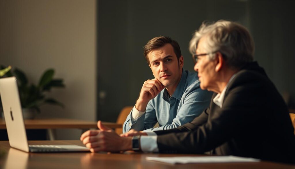 A person sitting calmly at a table, engaged in thoughtful discussion with another person. The lighting is warm and gentle, creating a relaxed and introspective atmosphere. The foreground shows the two individuals leaning towards each other, their body language conveying mutual understanding and respect. The middle ground features simple office decor, suggesting a professional setting. The background is slightly blurred, emphasizing the focus on the interpersonal interaction. The overall scene reflects the ability to manage tension and project confidence during an important dialogue.
