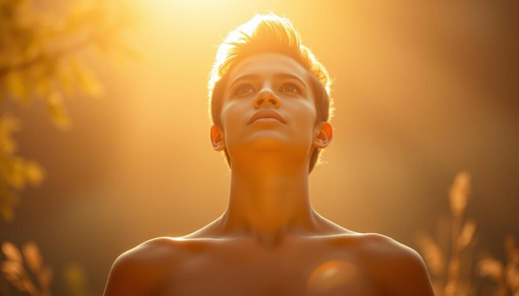 A person standing tall, head held high, eyes filled with determination, and a strong posture that radiates self-assurance. The figure is bathed in warm, golden light, casting a soft glow on their face, symbolizing an inner strength and confidence. The background is slightly blurred, with subtle hints of nature, suggesting a sense of grounding and connection to the world. The overall atmosphere is one of empowerment, resilience, and a unwavering sense of self.