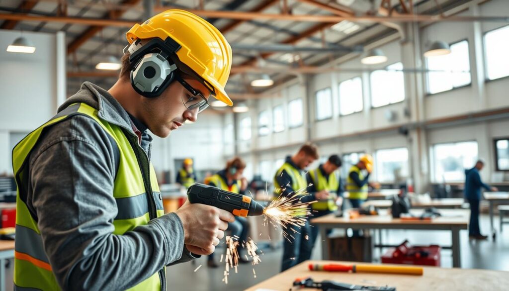 A practical training session in a modern, well-equipped workshop. In the foreground, a person wearing safety gear is intently focused on a handheld power tool, sparks flying as they work on a metal component. The middle ground reveals several workbenches with an array of tools and materials, while the background depicts the workshop's interior - high ceilings, ample natural light streaming through large windows, and the faint silhouettes of other trainees engaged in their tasks. The scene exudes a sense of dedication, skill, and the opportunity for personal growth and development.