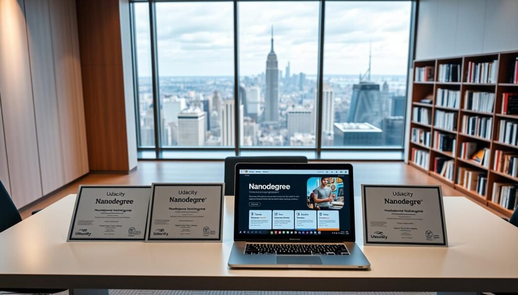 A professional, modern office setting, with a large window overlooking a bustling cityscape. In the foreground, a sleek, minimalist desk displays several Udacity Nanodegree program certificates, each with a distinctive logo and course title. The lighting is soft and diffused, creating a warm, inviting atmosphere. On the desk, a laptop is open, showcasing the Udacity website and various Nanodegree program offerings. In the middle ground, bookcases line the walls, filled with relevant books and resources. The background features a panoramic view of the city, with skyscrapers and a vibrant skyline. The overall scene conveys a sense of educational achievement, technological innovation, and professional growth associated with Udacity's Nanodegree programs.