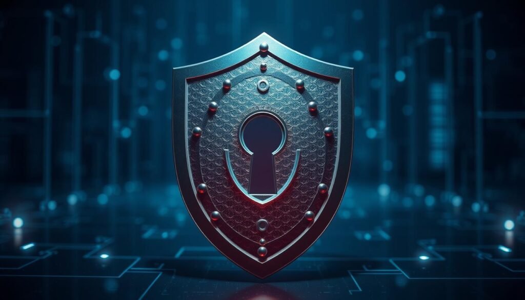 A security shield with a keyhole shape in the center, surrounded by layers of protective data symbols and structures. The shield is made of metallic material with intricate patterns and textures, conveying a sense of strength and reliability. The background is a cool-toned, minimalist environment with hints of technology and digital elements, creating a harmonious and visually striking composition. The lighting is dramatic, with soft shadows and highlights accentuating the shield's form and details. The overall mood is one of safety, assurance, and the importance of data protection in the digital age.